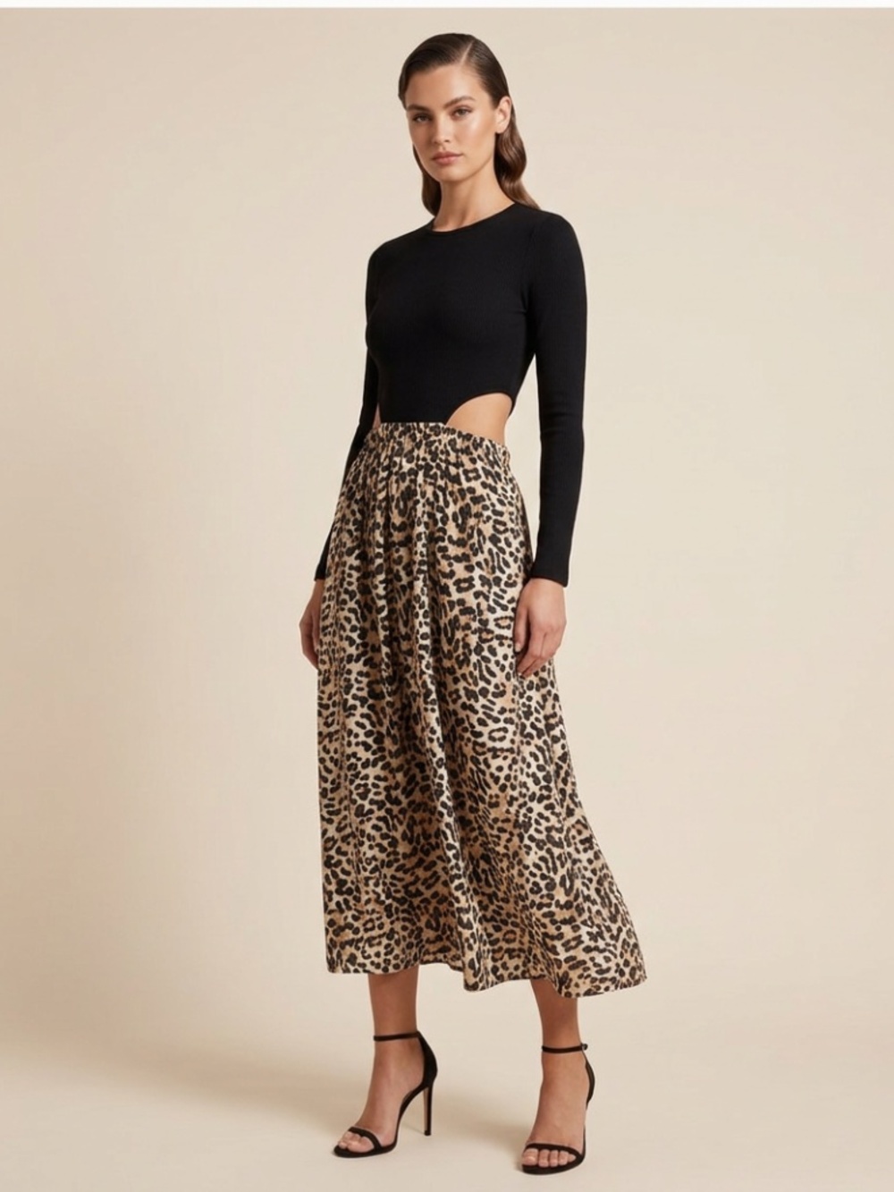 Something Navy Animal Print Cut Out‎ Long Sleeve maxi Dress, XS